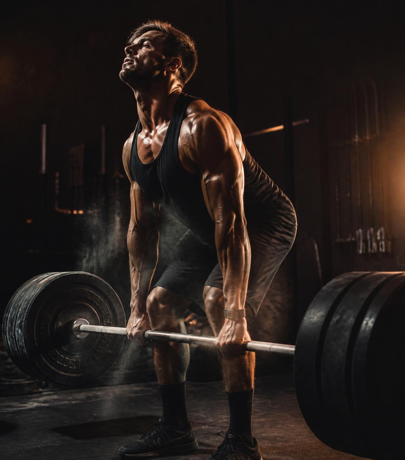 Natural athlete performing a heavy deadlift in a dimly lit gym